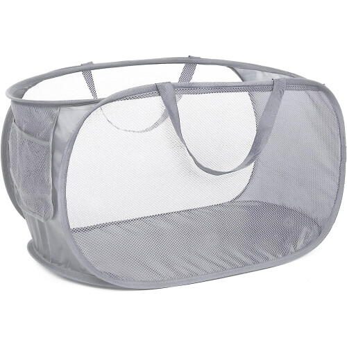 Collapsible Mesh Laundry Basket with Side Pocket Grey