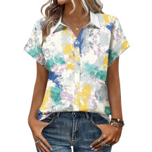 Women's V-neck short-sleeved shirt, casual-Sky Blue L