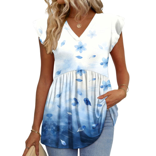 Women's  Blouses, with Ruffle Sleeves, Spring-Sky Blue XL