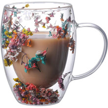 Dubbelwandige glazen koffiemok met gedroogde bloemen, 350 ml