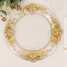 6 assiettes de présentation rondes en plastique transparent de 13 pouces avec finitions dorées