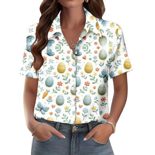 Women's Button-Down Shirts, Short Sleeve, V-Neck,-Turquoise M 1