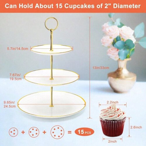 Présentoir à cupcakes à 3 étages Coitak – PP alimentaire, bordure dorée 2