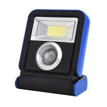 Refletor LED portátil para camping, com carregamento solar e USB, azul.
