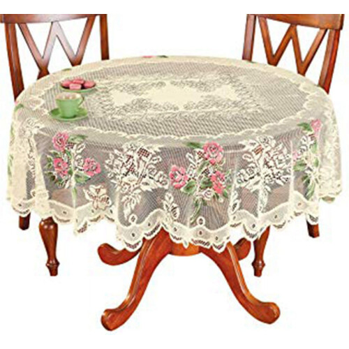 Toalha de mesa redonda de renda branca com estampa floral de rosas, 178 cm (70 polegadas) 2
