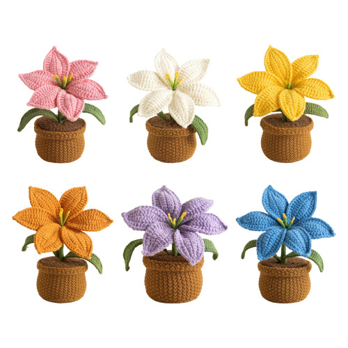 Crochet Lilies Potted Plant Ornament Artificial Knitted-Blue 1