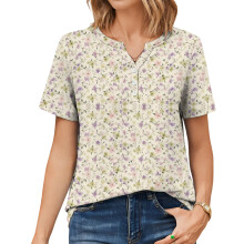Womens Tops V Neck Short Sleeve Shirts Casual Blouse-Beige XXL