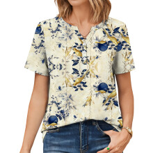 Womens Tops V Neck Short Sleeve Shirts Casual Blouse-Blue XXL