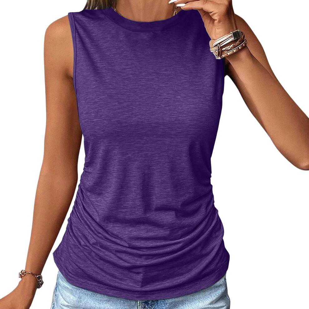 Purple Womens Ruched Tops Crewneck Sleeveless Shirts Fitted- Xxl