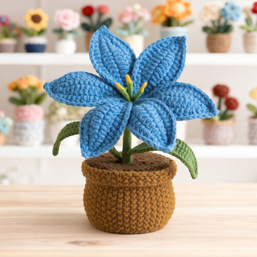 Handmade Crochet Lilies Potted Plant Artificial Knitted-Yellow 2