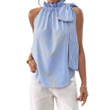 Women Tops Sleeveless V Neck Top Button Front Shirt-Sky Blue S