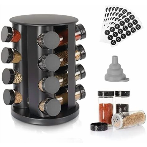 Schwarzes, drehbares Gewürzregal mit 20 Glasbehältern