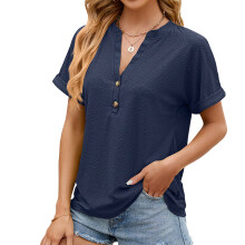 Women's Button Down Tops, V Neck Loose Sleeved-Navy Blue XXL