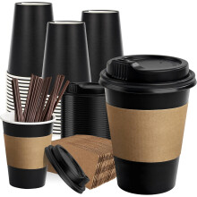 Gobelets à café en papier noir de 35 cl avec couvercles et manchons en kraft