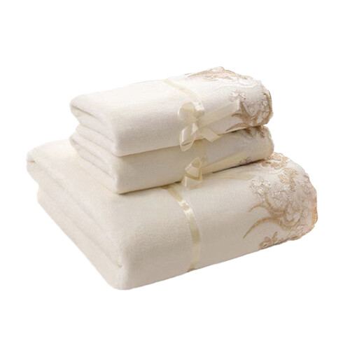 Embroidered Cotton Bath Towel Set White 3-Piece 1