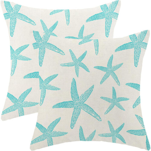 Conjunto de capas de almofada costeiras 18x18 em linho com tema de estrela-do-mar e oceano