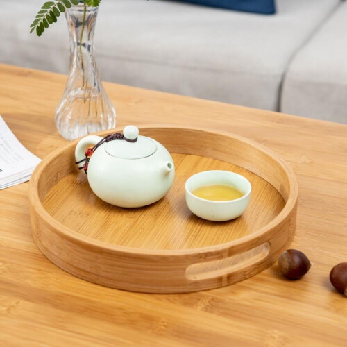Round Bamboo Serving Tray with Handle