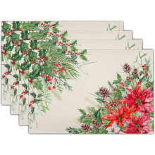 Set van 4 placemats met poinsettia-motief, 30 x 45 cm, linnen