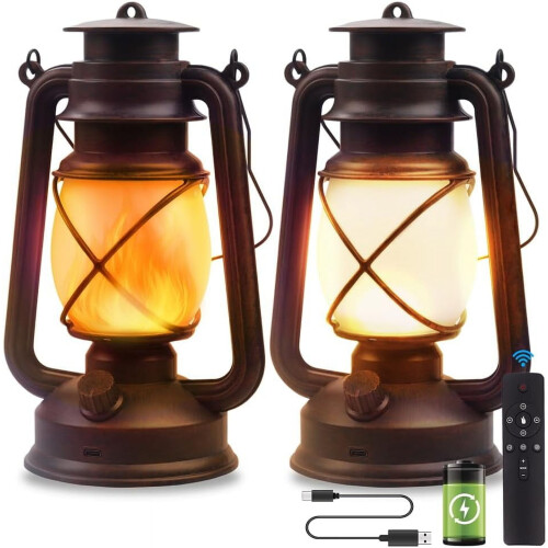 Lanterna de acampamento vintage em LED com efeito de chama, 4 modos, USB