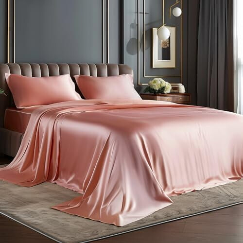 Ensemble de draps en satin rose poudré, taille Queen, 4 pièces