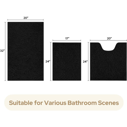 Ensemble de 3 tapis de bain en chenille – Antidérapants, absorbants, 2