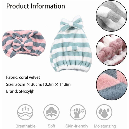 Turbante de microfibra para cabelo com laço rosa e cinza – Pacote com 2 1