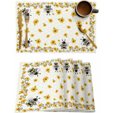 Set van 6 placemats met zonnebloemmotief, gemaakt van hittebestendig katoen-linnen.