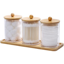 Porte-cotons-tiges en plastique transparent avec couvercle en bois, hauteur 10,4 cm