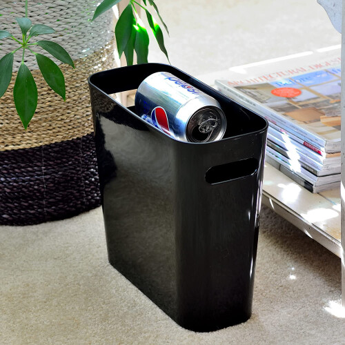 Zwarte, slanke plastic prullenbak van 1,5 gallon met handvatten 1