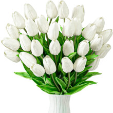 30 ks bílých umělých tulipánů 35 cm, realisticky na dotek z PU