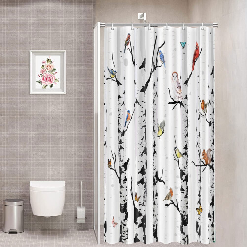 Duschvorhang aus Polyester mit Vogelmuster, 90 x 180 cm, mit 12