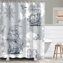 Cortina de chuveiro náutica com estampa de veleiro, 183 x 183 cm, com 12 ganchos.