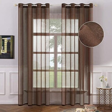 Perdele transparente cu aspect de in, maro ciocolatiu, set de 2