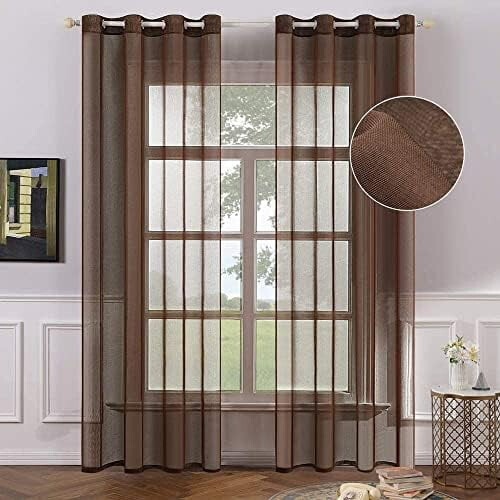 Perdele transparente cu aspect de in, maro ciocolatiu, set de 2