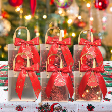 Sac cadeau de Noël transparent avec poignée dorée, rouge