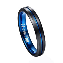 4mm Black Tungsten Carbide Ring with Blue Groove and 'I