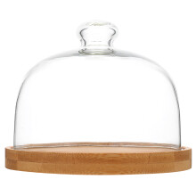 Glazen taartstolp met houten handvat en schaal