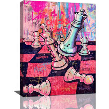 Tableau sur toile style Banksy représentant un jeu d'échecs, 30 x 40 cm