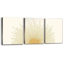 Set van 3 canvas schilderijen met een oranje zon en sterrenstelsel uit het midden van de 20e eeuw.