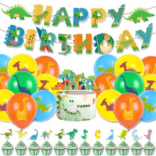 Bannière d'anniversaire dinosaure avec feuilles – 1 grande + 12 petites