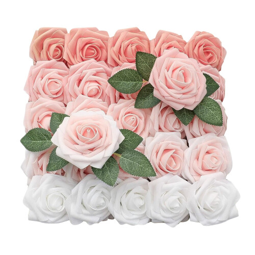 25 rosas artificiais em degradê rosa com hastes.