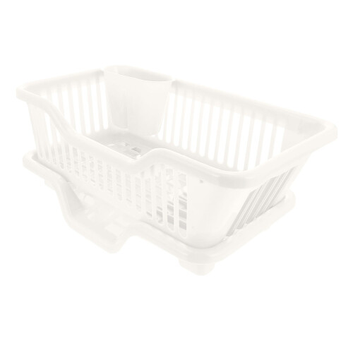 Groot plastic afdruiprek met lekbak en bestekhouder. 1