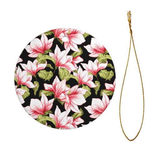 Pink Floral Ceramic Christmas Ornament 2.9" 1