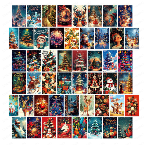 Set van 50 retro kerstkaarten en muurdecoratie