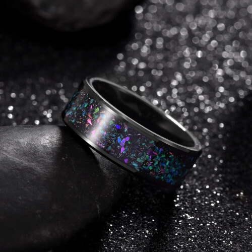 Μαύρο Δαχτυλίδι από Βολφράμιο IP, Σειρά Galaxy 8mm με Ένθετο Opal σε Διαφορετικά Στυλ, 2