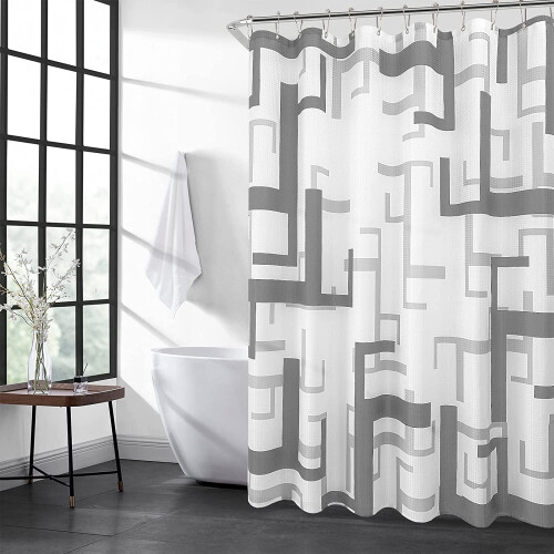 Grå geometrisk duschdraperi 180x180 cm, vattentät polyester