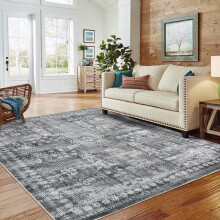 Tapis rétro taupe à médaillon – Acrylique, poils courts,