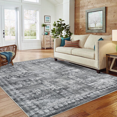 Tapis rétro taupe à médaillon – Acrylique, poils courts,