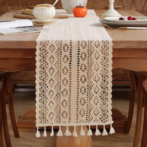 Runner da tavola boho all'uncinetto con nappe, 25x183 cm 2