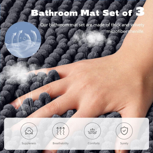 Ensemble de tapis de bain en chenille 3 pièces, antidérapant et absorbant 1